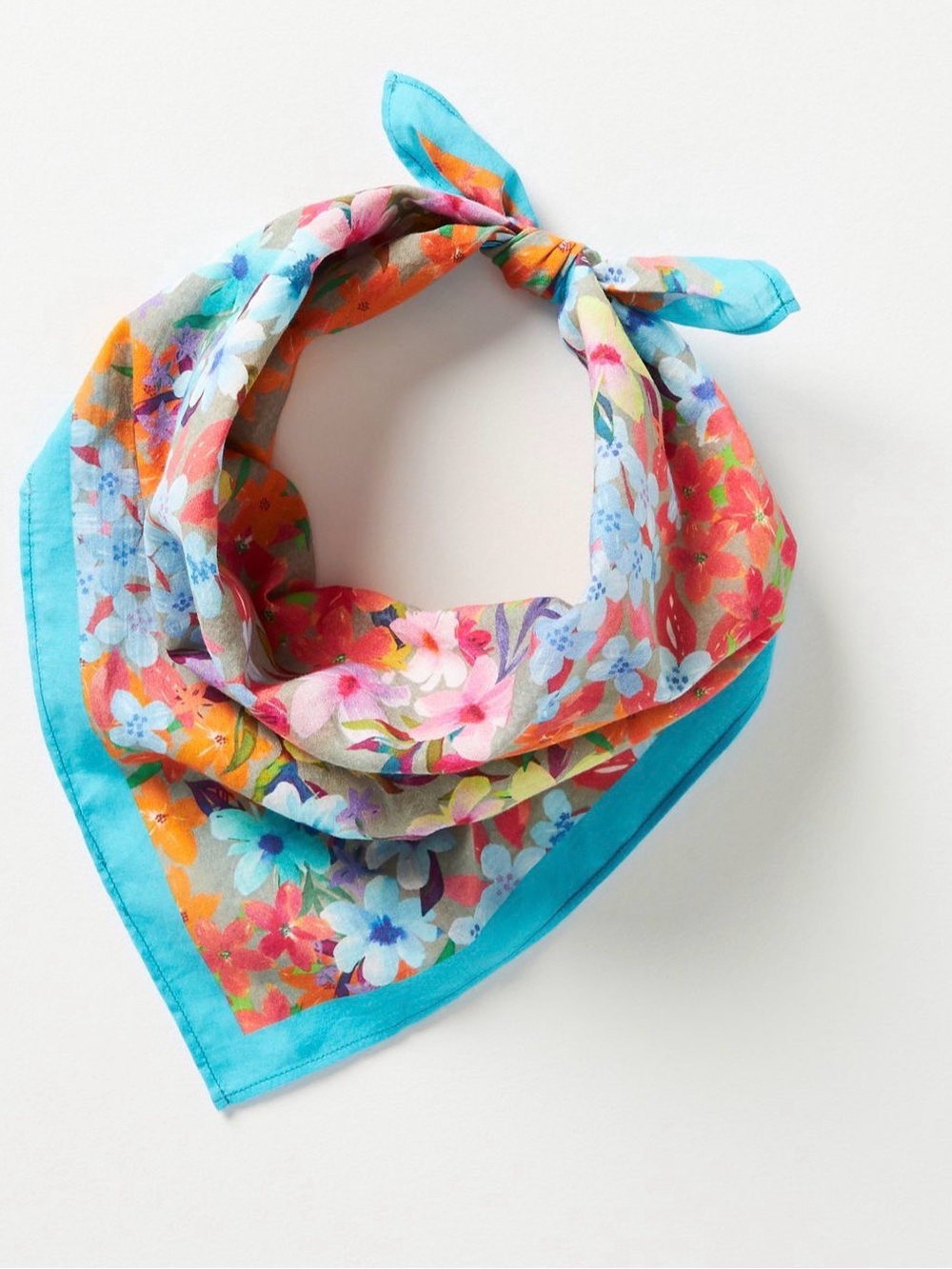 NWT Anthropologie Cotton Turquoise-Edge Multi-Colored Floral Bandana Scarf